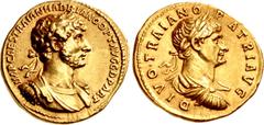 Roman Imperial Hadrian, with Divus Trajan. AD 117-138. AV Aureus (19mm, 7.29 g, 6h). Rome mint. Struck August-December AD 117. IMP CAES TRAIAN HADRIANO OPT ΛVG G D PΛRT, laureate and cuirassed bust of