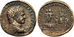 Roman Imperial Caracalla. AD 198-217. Æ Sestertius (30mm, 23.78 g, 12h). Rome mint. Struck AD 214. Laureate, draped, and cuirassed bust right / "Adlocutio" scene: Caracalla, in military dress, standin