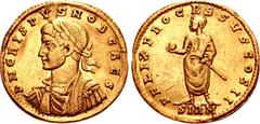 Roman Imperial Crispus. Caesar, AD 316-326. AV Solidus (18mm, 4.41 g, 12h). Sirmium mint. Struck AD 321. D N CRISPVS NOB CAES, laureate, draped, and cuirassed bust left / FELIX PROCESSVS COS II, Crisp