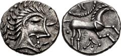 British CELTIC, Iceni. Uninscribed. Circa AD 10-40. AR Unit (13mm, 1.23 g, 1h). Norfolk God (Icenian O) type. Celticized head right with mustache; two trefoils before / Celticized horse right; wheel a