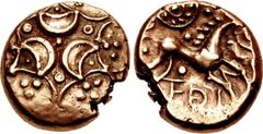British CELTIC, Iceni. Antedios. Circa AD 10-30. AV Stater (17mm, 5.47 g). Triple Moons (Icenian G) type. Interwoven wreaths forming hexagonal frame with three crescents and annulets within; groups of