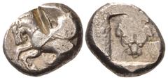 Greek DYNASTS of LYCIA. Uncertain dynast. Circa 490/80-440/30 BC. AR Stater (20.5mm, 9.47 g, 11h). Pegasos flying left / Facing lion scalp within incuse square. Müseler III, 34 var. (dotted border on 