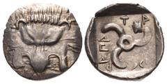 Greek DYNASTS of LYCIA. Mithrapata. Circa 390-370 BC. AR Sixth Stater (13mm, 1.10 g). Uncertain mint. Lion scalp facing / Triskeles; astragalos in one section; all within incuse square. Müseler VII 83