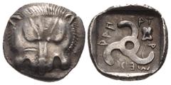 Greek DYNASTS of LYCIA. Mithrapata. Circa 390-370 BC. AR Sixth Stater (13mm, 1.31 g). Uncertain mint. Lion scalp facing / Triskeles; astragalos in one section; all within incuse square. Müseler VII 81