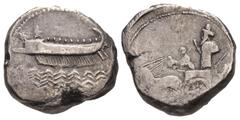 Greek PHOENICIA, Sidon. Uncertain king. Early-mid 4th century BC. AR Dishekel (26mm, 24.02 g, 11h). Contemporary imitation. Phoenician galley left; waves below / King of Persia and driver in chariot d