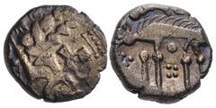 British CELTIC, Iceni. Uninscribed. Circa 50-20 BC. AV Stater (17mm, 4.24 g, 5h). Norfolk Wolf (Icenian A) type. Devolved head of Apollo right / Wolf standing left; pellets and crescent above, pellet 