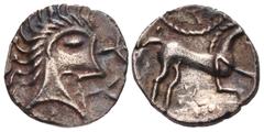 British CELTIC, Iceni. Uninscribed. Circa AD 10-40. AR Unit (12mm, 1.13 g, 7h). Norfolk God (Icenian O) type. Celticized head right; two trefoils before / Horse right; wheel above, lozenge-shaped box 