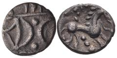 British CELTIC, Iceni. Ecen. Circa AD 10-45. AR Unit (12mm, 1.05 g). Ecen Symbol Y (Icenian J) type. Double crescent emblem on vertical wreath / Stylized horse right; pellets above, three pellets and 