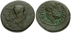 LYDIA, Tralles. Vedius Pollio. Circa 29/8-27 BC. Æ 19mm (6.46 g, 12h). Menandros Parrhasiou, magistrate. Bare head of Vedius Pollio right; uncertain object behind / Laureate head of Zeus right. RPC 26