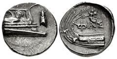 Greek LYCIA, Phaselis. 4th century BC. AR Stater (22mm, 10.41 g, 12h). Prow of galley right, fighting platform decorated with facing gorgoneion; to right, cicada upward / Stern of galley left; above, 