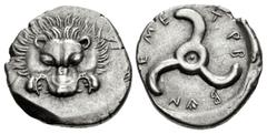 Greek DYNASTS of LYCIA. Trbbenimi. Circa 390-375 BC. AR Third Stater (17.5mm, 3.15 g). Wedrei mint. Facing lion scalp / Triskeles. Podalia 158–70 (a9/p15); Müseler VIII, 25–7; Falghera 197–202; SNG vo