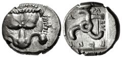 Greek DYNASTS of LYCIA. Mithrapata. Circa 390-370 BC. AR Sixth Stater (12mm, 1.42 g). Uncertain mint. Facing lion scalp / Triskeles; labrys in one section; all within incuse square. CNG E-466, lot 191