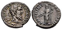 Roman Imperial Pertinax. AD 193. AR Denarius (17.5mm, 1.86 g, 12h). Rome mint. Laureate head right / Laetitia standing left, holding wreath and scepter. RIC IV 4a; RSC 20. Iridescent toning, porosity,