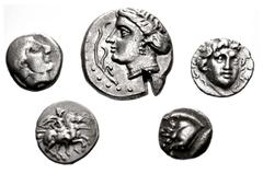 Large Lots GREEK. Miscellaneous. Lot of five (5) silver issues. Includes: MACEDON, Skione. AR Tetrobol. SNG ANS 708 var. (arrangement of ethnic) // PAPHLAGONIA, Sinope. AR Drachm. HGC 7, 391; SNG BM B