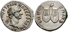 LYCIAN LEAGUE. Trajan. AD 98-117. AR Drachm (19mm, 3.59 g). Laureate head right / Two lyres with owl above. BMC Lycia pg. 39, 10; SNG Copenhagen 45; SNG von Aulock 4268. Near EF, nice flan, light gold