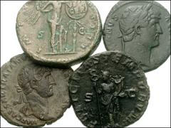 ROMAN. Imperial. Æ of Hardian, Marcus Aurelius, and Gordian III. Includes: HADRIAN. Æ As. Laureate head right / Fortuna seated left, holding rudder and cornucopia. RIC II 578 // Æ As. Laureate head ri