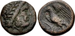 Greek ELIS, Olympia. Mid 3rd century BC. Æ Unit (17mm, 6.45 g, 12h). Laureate head of Zeus right / Eagle, with spread wings, grasping in talons coiled serpent to left. BCD Olympia 341.7 (this coin); H