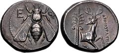 Greek IONIA, Ephesos. Circa 390-325 BC. AR Tetradrachm (24.5mm, 15.18 g, 12h). Demokrates, magistrate. Struck circa 350-340 BC. Bee with straight wings; E-Φ flanking head / Forepart of stag right, hea