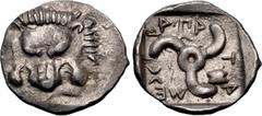 Greek DYNASTS of LYCIA. Mithrapata. Circa 390-370 BC. AR Sixth Stater (13mm, 1.06 g). Uncertain mint. Facing lion scalp / Triskeles; astragalos in one section; all within incuse square. Müseler VII 81
