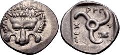 Greek DYNASTS of LYCIA. Mithrapata. Circa 390-370 BC. AR Sixth Stater (13.5mm, 1.33 g). Uncertain mint. Facing lion scalp / Triskeles; astragalos in one section; all within incuse square. Müseler VII,