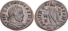 Roman Imperial Licinius I. AD 308-324. Æ Follis (20mm, 3.38 g, 12h). Rome mint, 1st officina. Struck AD 314-315. Laureate, draped, and cuirassed bust right / Sol standing left, raising hand and holdin