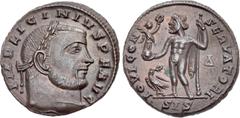 Roman Imperial Licinius I. AD 308-324. Æ Follis (20mm, 3.48 g, 11h). Siscia mint, 4th officina. Struck AD 313-315. Laureate head right / Jupiter standing left, holding Victory on globe and scepter; to