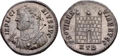 Roman Imperial Licinius I. AD 308-324. Æ Follis (19mm, 3.31 g, 6h). Heraclea mint, 2nd officina. Struck AD 316-317. Laureate bust left, wearing imperial mantle, holding mappa, globe, and scepter / Cam