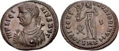 Roman Imperial Licinius I. AD 308-324. Æ Follis (19.5mm, 3.25 g, 12h). Cyzicus mint, 6th officina. Struck AD 317-320. Laureate bust left, wearing imperial mantle, holding mappa, globe, and scepter / J