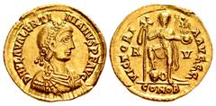 Roman Imperial Valentinian III. AD 425-455. AV Solidus (21mm, 4.45 g, 6h). Ravenna mint. Struck AD 426-430/455. Rosette-diademed, draped, and cuirassed bust right / Emperor standing facing, right foot