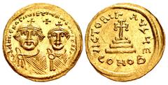 Byzantine Heraclius, with Heraclius Constantine. 610-641. AV Solidus (20mm, 4.44 g, 6h). Constantinople mint, 5th officina. Struck circa 625-629. Crowned and draped busts of Heraclius and Heraclius Co