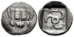 Greek DYNASTS of LYCIA. Mithrapata. Circa 390-370 BC. AR Sixth Stater (13mm, 1.46 g). Phellos(?) mint. Facing lion scalp / Triskeles; dolphin in one section; all within incuse square. Müseler VII 76–7