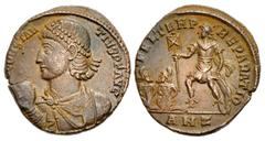 Roman Imperial Constantius II. AD 337-361. Æ Centenionalis (19.5mm, 3.63 g, 12h). Antioch mint, 7th officina. Struck AD 348-350. Pearl-diademed, draped, and cuirassed bust left, holding globe / Consta