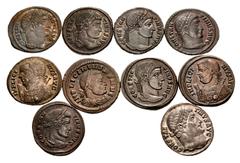 Large Lots ROMAN. Imperial. Lot of ten (10) Æ Folles of Licinius I and Constantine I. Includes: various types and mints. Licinius I (3) // Constantine I (7). Some silvering. VF to EF. LOT SOLD AS IS, 