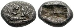 KINGS of LYDIA. Kroisos. Circa 561-546 BC. AR 1/6th Stater (11mm, 1.58 g). Confronted foreparts of lion and bull / Double incuse punch. Cf. SNG von Aulock 2880 (1/12th Stater); BMC Lydia -; Rosen 667.