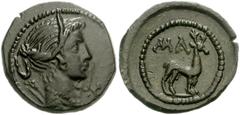 LYCIA, Masikytes. 1st century BC. Æ 19mm (4.09 g). Draped bust of Artemis right; quiver at shoulder / Stag standing right. Troxell 192; RPC I 3319. Good VF, glossy dark green patina.