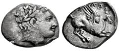 Greek BRUTTIUM, Kroton. Circa 300-250 BC. AR Diobol (11mm, 0.85 g, 9h). Laureate male head right / Pegasos flying right; KPO above. Unpublished type as a diobol, but cf. HN Italy 2196 (drachm); cf. SN