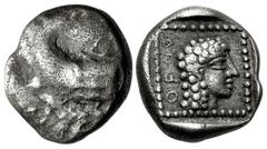 Greek CARIA, Uncertain ('Mint G'). Orou. Local dynast, circa 450-400 BC. AR Quarter Stater (13mm, 2.77 g, 12h). Forepart of winged man-headed bull right / Head of female right in dotted square border 