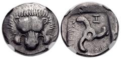Greek DYNASTS of LYCIA. Aruwatijesi. Circa 400-370 BC. AR Third Stater. Zagaba mint. Facing lion scalp / Triskeles; Z (mint mark) in one section; all within incuse square. Cf. Müseler VII, 61 (sixth s