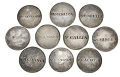 Selections from the Andrew McCabe Collection Lot of twenty (20) tray tags or tickets. Lot includes: Twenty (20) silver-colored discs, average diameter 18mm, neatly engraved with the family names of Ro
