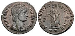 Roman Imperial Helena. Augusta, AD 324-328/30. Æ Follis (18.5mm, 2.78 g, 12h). Ticinum mint, 3rd officina. Struck AD 325. Pearl-diademed and mantled bust right, wearing necklace / Securitas standing l