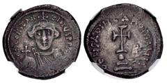 Byzantine Constans II. 641-668. AR Hexagram (21mm, 6.55 g, 6h). Constantinople mint. Struck 648-651/2. Crowned and draped bust facing, holding globus cruciger / Cross potent set on globe set upon thre