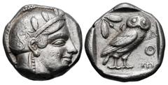 Greek ATTICA, Athens. Circa 454-404 BC. AR Tetradrachm (23.5mm, 17.19 g, 1h). Helmeted head of Athena right, with frontal eye / Owl standing right, head facing, closed tail feathers; olive sprig and c