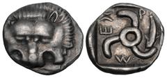 Greek DYNASTS of LYCIA. Mithrapata. Circa 390-370 BC. AR Sixth Stater (13mm, 1.49 g). Phellos(?) mint. Facing lion scalp / Triskeles; dolphin in one section; all within incuse square. Müseler VII 76–7