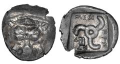 Greek DYNASTS of LYCIA. Mithrapata. Circa 390-370 BC. AR Sixth Stater (12mm, 1.31 g). Uncertain mint. Lion scalp facing / Triskeles; astragalos in one section; all within incuse square. Müseler VII, 8