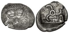 Greek DYNASTS of LYCIA. Mithrapata. Circa 390-370 BC. AR Sixth Stater (13mm, 1.35 g). Uncertain mint. Facing lion scalp / Triskeles; labrys in one section; all within incuse square. CNG E-469, lot 139