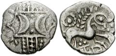 CELTIC, Britain. Iceni. Anted. Circa AD 1-25. AR Unit (12mm, 1.47 g). Two opposed crescents with pellets between, superimposed upon band of three lines / Horse advancing right; sun and daisy above, pe