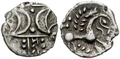 CELTIC, Britain. Iceni. Anted. Circa AD 1-25. AR Unit (13mm, 1.18 g). Two opposed crescents with pellets between, superimposed upon band of three lines / Horse advancing right; sun and [daisy] above, 