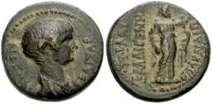 LYDIA, Blaundus. Nero. As Caesar, AD 50-54. Æ 16mm (5.69 g, 7h). Ti. Klau. Kalligenes, magistrate. Struck circa AD 55. Draped bust right / Apollo standing right, holding plectrum and lyre. RPC 3059.24