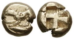 Greek MYSIA, Kyzikos. Circa 550-450 BC. EL Hekte – Sixth Stater (9mm, 2.71 g). Hound (or wolf) at bay left on tunny left / Quadripartite incuse square. Von Fritze I –; Boston MFA 1470 corr. = Warren 1