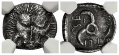 Greek DYNASTS of LYCIA. Aruwatijesi. Circa 400-370 BC. AR Sixth Stater. Zagaba mint. Lion scalp facing / Triskeles; Z (mint mark) in one section; all within incuse square. Müseler VII 61–2. In NGC enc